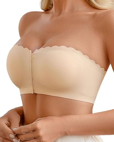 CheChury Women's Strapless Bra Push Up Anti-Slip Bralette with Clear Straps Removable Front Fastening Bra Bandeau Tube Bralette Multiway,Beige,L