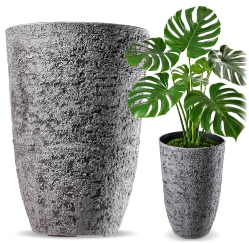 KADAX Pflanzkübel Ø 35 x H 50 cm, großer Blumentopf in realistischer Steinoptik, Pflanzentopf aus Kunststoff, wetterfester Blumenkübel für Terrasse (Grau)