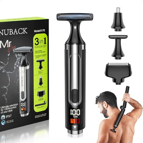 Electric Back Shaver for Men, Cordless Body Grooming kit with Extendable Long Handle, Wide Blade for Back Hair, Nose & Stubble Trimmer, Waterproof, LED Display & Rechargeable