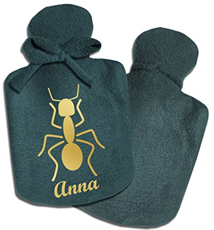 Personalisierter Wärmflaschen-Bezug für Jungen Männer Mann mit Namen und Ameise Insekt von SupaRina, Farben und Motiv nach Wahl, kalt oder warm befüllbar, Fleece 28x16 cm, 0,8 l Füllmenge, Naturgummi