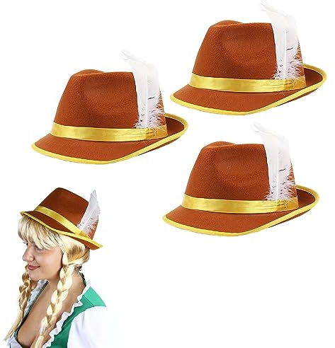 I LOVE FANCY DRESS Oktoberfest Bavarian Hats - Pack of 3 - Brown & Yellow Bavarian Hat with Feather Detail - Adults German Oktoberfest Tyrolean Hat