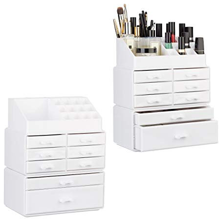 Relaxdays 2X Organizer Make-up con Cassetti, Contenitore Impilabile con Porta-Rossetti, in Acrilico, Bianco