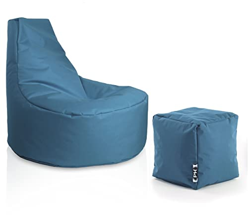 PATCH HOME Gamer Sessel Sitzsack inkl. Würfel Bean Bag Set Ø80cm, 30cm Sitzhöhe, 90cm Höhe + 35x35cm Würfel Blaugrau