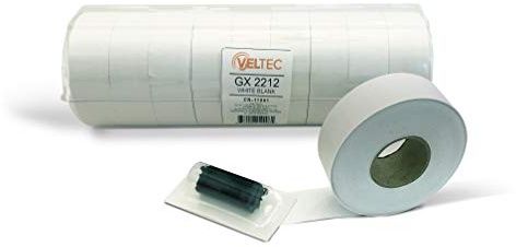 Veltec 2212 White Pricing Labels for Garvey (22-6, 22-7, 22-8) and Contact (6.22, 7.22, 8.22) One-Line Price Gun/Labelers, Free Ink Roller – 9 Rolls, 11,000 Labels with Security Slits