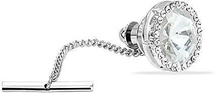 Men's Classic Round Crystal Men's Tie Tack Gold Color Tie Tack Clutch Back Fashion Necktie Tack Pin with Chain Crystal Lapel Pins Brooch (Clear Tie Silver Tack)