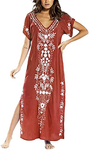 MAFA Femmes Robe de Plage Longue Kaftan Grande Taille Paréo Kimono Blouses pour Maillot de Bain Bikini Cover Up Beachwear Eté Bohème Rouge Taille Unique