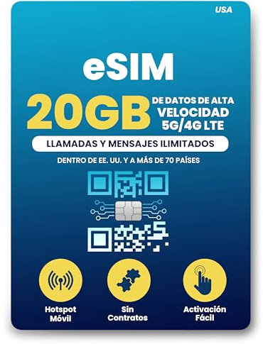 H2O Wireless eSIM de 120 Días para EE. UU., Tarjeta eSIM Prepagada con 20GB de Datos 4G LTE/5G de Alta Velocidad y 5GB de Punto de Acceso Móvil, Datos Ilimitados, Llamadas y SMS a Más de 70 Países