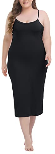 Vlazom Women's Plus Size Full Slip Dresses Petticoat Adjustable Spaghetti Strap Under Dresses Long Nightgown V-Neck Cami Dress Black, 4XL