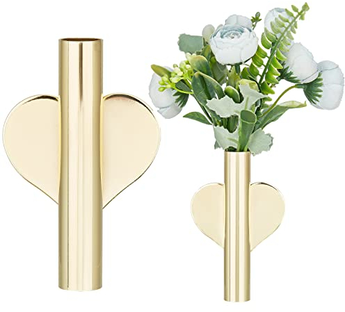 GORGECRAFT 2PCS Tubos de Jarrón de Pared de Corazón Palo de Metal En la Pared Decoración de Pared de Oro Flores Secas Mini Soporte de Planta para Dormitorio Sala de Estar Fiesta Navidad Halloween