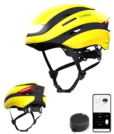 Lumos Casque Ultra Smart | Casque de Vélo | Feux Avant et arrière (LED) | Clignotants | Feux Stop | Connexion Bluetooth | Adulte: Homme, Femme (Raincoat Yellow, Size : XL) MIPS