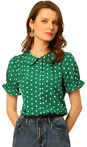 Allegra K Chemise boutonnée à manches bouffantes et col claudine à pois pour femme, vert foncé, XL
