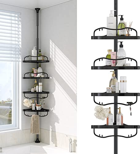 Corner Shower Caddy Tension Pole - Heavy Duty Floor to Ceiling Shower Organizer Tension Pole with 4 Shelves,54-114” Adjustable Rustproof Stand Rack for Bathtub,Bathroom,Dorm,RV - Black