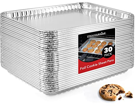 Stock Your Home Disposable Cookie Sheets for Baking (30-Pack) Aluminum Trays, Foil Pans, Shallow Sheet Pan for Cooking Thin Crust Pizza, Brownie Tins, Oven Liners