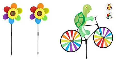 Relaxdays Windrad Blume, 2er Set & Windrad Schildkröte, Gartenstecker in tierischem Design, Kinder, Balkon oder Terrasse, 82 cm hoch, Mehrfarbig