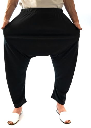 SAVARI | Elastiska harembyxor | Thailändsk stil | Byxor med fickor och ärmlösa | Elastisk midja | Återvunnen bomull | Lång och bekväm | Unisex | Svart och vit | Storlek S till 3XL, Svart, 3XL