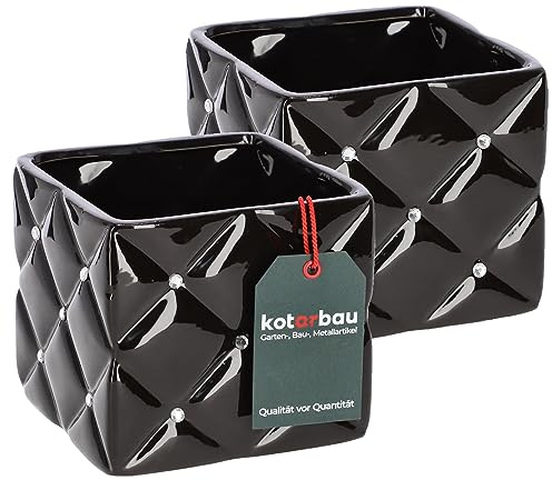 KOTARBAU® Set di 2 vasi da fiori glamour in ceramica, 14 x 14 x 13 cm, con zirconi quadrati, colore bianco, per piante da interno, vaso da giardino