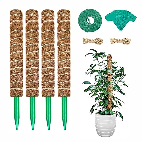 LSRVNM 4 Stück 42CM Moosstab für Monstera Kokosstab für Pflanzen Monstera Rankhilfe, Moss Pole mit 4m Jute Schnur 10 Pflanzschilder und 2M Klettverschluss