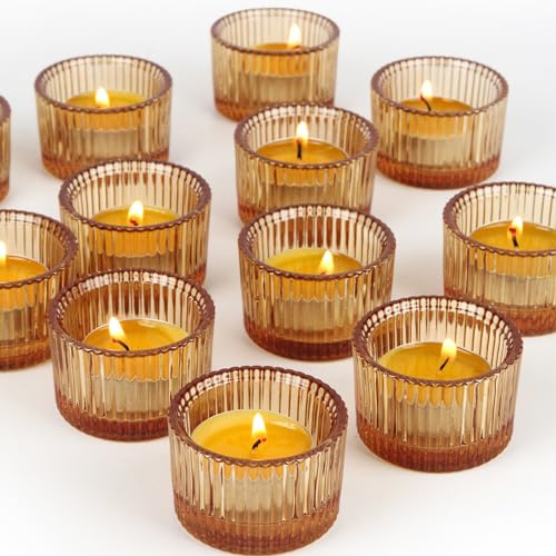 HofferRuffer Teelichthalter, 12 Stück, Glas-Teelichthalter für Abendessen, Hochzeit, Party, Weihnachten, Wohnzimmer, Geschenke,Bernstein