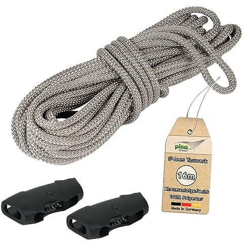 Pina DESIGN seit 1979-16m Tauwerk, Ø 6mm Seil für Sonnensegel aus Polyester Silber-grau | für Flaschenzug, Umlenkrolle, Seilzug & Boote, 800kg Reißlast & Bruchlast 1050 daN (Tauwerk + 2 Seilklemmen)