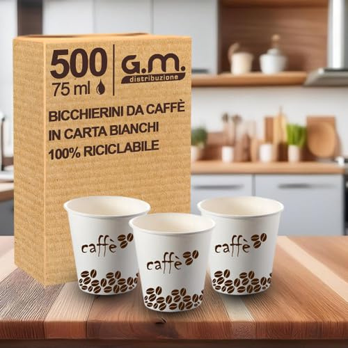GM 500 Bicchieri da Caffè in Carta Bianchi con Designe, 75 ml, Biodegradabili Biocompostabili, Usa e Getta, Ideale per Casa, Ufficio, Asporto Bevande Calde