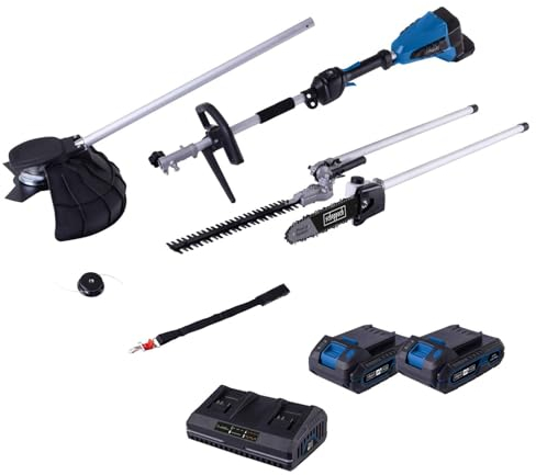 Scheppach 4in1 Akku-Multifunktionsgerät BC-MFH400-X 20V Brushless Multigartengerät | Rasentrimmer, Motorsense, Heckenschere, Hochentaster | 20V-IXES-Serie | mit 2X 2Ah Akku & Doppelladegerät