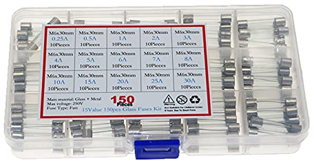 Sicherung, 150 Stück/Box, 6 x 30 mm, flinke Glassicherung, sortiertes Kit, 0,25 A, 0,5 A, 1 A, 2 A, 3 A, 4 A, 5 A, 6 A, 7 A, 8 A, 10 A, 15 A, 20 A, 25 A, 30 A