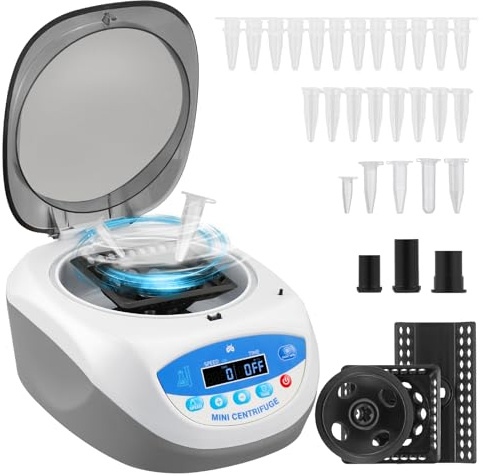Mxmoonant Mini Centrifugeuse, Vitesse Élevée 12000RPM, 5689xg, centrifugeuse de laboratoire, avec 3 Rotors, pour 12x 0.2ml/0.5ml/1.5ml/2ml, 4x 5ml, 0.2ml PCR Tubes, Minuterie 0-99h, AC100-240V