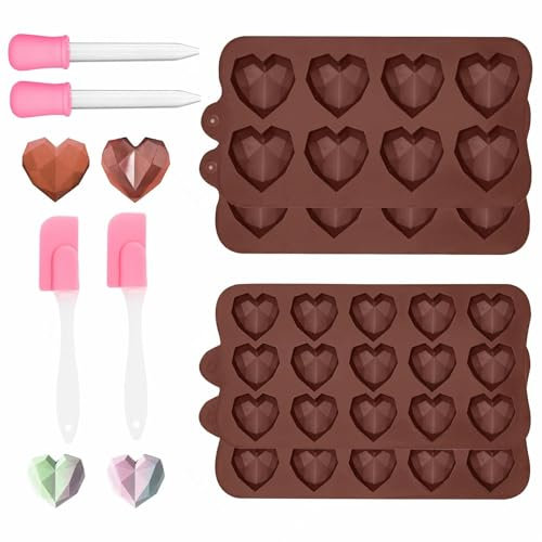 QMLING 4 Stück Pralinenform Silikon Herzform, 3D Diamant Chocolate Mold, 8-Kavität und 15-Kavität Pralinen Silikonform Herz, Schokoladenformen mit Tropfer Spatel zum Backen