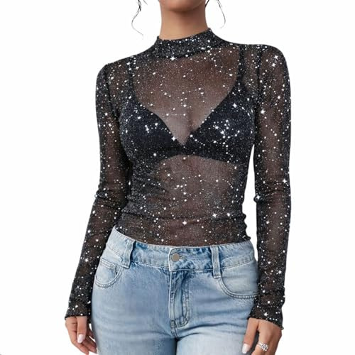 GWAWG Camicetta da donna in rete nera glitterata scintillante, a maniche lunghe, con paillettes, elegante top nero per club, sera, matrimoni e carnevale, Nero , M