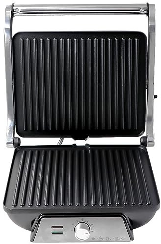 Commercial Sandwich Press Grill - Double Grooved Electric Stainless Steel Maker with Drip Tray & Temperature Control for Grilling Hamburgers, Steaks, and Bacon