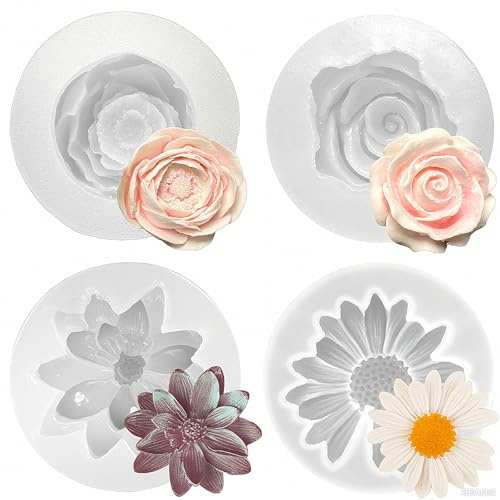 Solivive Lot de 4 moules à bougie en silicone,Moule 3D pour bricolage fait à la main，Moules en silicone pivoine, rose, nénuphar, marguerite, adapté pour Pâques, mariage, Saint-Valentin