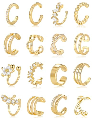 Wrlcorly 16Pcs Ear Cuff Earrings for Women Non Piercing Gold Silver Plated Ear Cuffs Non Pierced Clip on Cartilage Earring CZ Heart Flower Ears Wrap Fake Earrings Jewelry Set Lightweight Adjustable