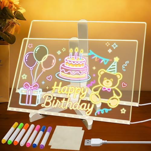 2 Stück Led Zeichenbrett,Leuchtendes LED Zeichenbrett,Transparente Leuchtende Schreibtafel,LED Notiztafel mit 7 Neon-Stifte und Verstellbarem Ständer für Memo, Café, Zuhause