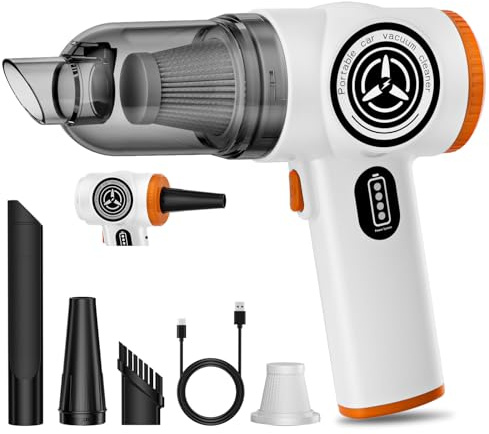 Bblldi Handheld Car Vacuum Cleaner, 2-in-1 Cordless Car Hoover and Air Blower with 15000 Pa Strong Suction, USB-C Rechargeable Lightweight Portable Mini Hand Held for Vehicle/Home/Pet Hair, White