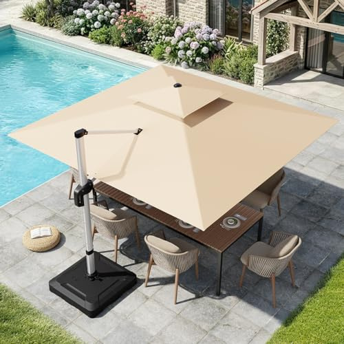 UDPATIO Sonnenschirm 300 x 300 cm Rechteckig mit Ständer, Ampelschirm Groß Aluminium, Marktschirm - Doppeldach, Gartenschirm 360° mit Kurbel, Balkonschirm, Sonnenschutz UV50+, Champagner Wasserdicht