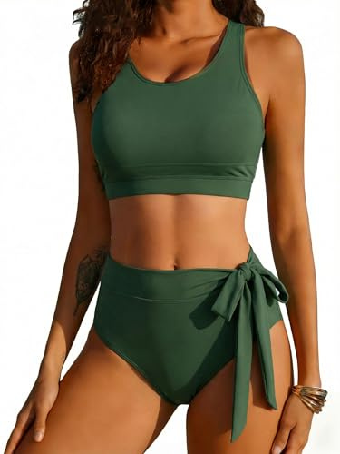 Ekouaer Costume da Bagno Due Pezzi da Donna con Scollo a V, Elegante Bikini a Vita Alta