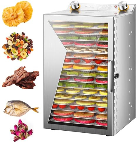 Máquina deshidratadora de alimentos de acero inoxidable – Secador de frutas eléctrico de 12 bandejas con temporizador ajustable y control de temperatura para cecina, verduras y frutas – Conservador de