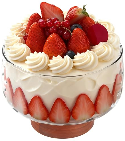 Alongen 3.5L Large Glass Trifle Bowl with Elegant Wood Stand, Versatile Serving Dish for Cake Salad Dessert, Stylish Display for Party Wedding Special Occasion, Easy to Clean