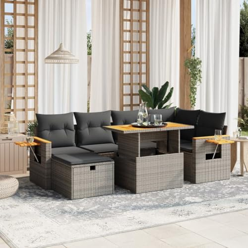 Kaloriko 7-TLG. Garten-Sofagarnitur Grau Poly Rattan, modulares Outdoor Loungeset mit verstellbarem Esstisch, bequemen Kissen und klappbaren Beistelltischen für Terrasse, Balkon