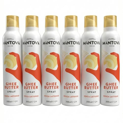 Mantova Ghee Butter Spray Family Pack 6 botellas de 200 ml, total 1200 ml – 100% Natural, Ligero y Fácil – Ahorra hasta un 90% – Spray y Nebulizador para Cocina, Horno, Sartén – Idea de Regalo