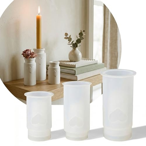 Silikonform Gießform Kerzenhalter 3er Set mit Herz, Stabkerzen, KERANO | 3 gestaffelte Höhen (6,7 / 8,1 / 9,7 cm) mit feinem Herz-Relief. Loch 1,9 cm für Stabkerzen, Gießpulver, Gips, Beton & Resin