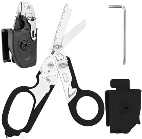 LYPPUL Raptor skärare, 6 i 1 traumaskärare Multitool räddningssax, multifunktionell vikbar traumaskärare, fällbar räddningstjänstsax med bältesskärare och glaskrossare för utomhus, camping (svart)