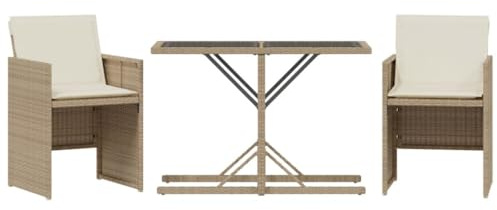 HETFTJN 3-teiliges Bistro-Set Beige Poly-Rattan Gartentisch 105 x 51 cm mit 2 Klappstühlen und waschbaren Cremeweiß-Kissen Robustes wetterfestes Balkonmöbel für kleine Balkone Terrassen und Garten