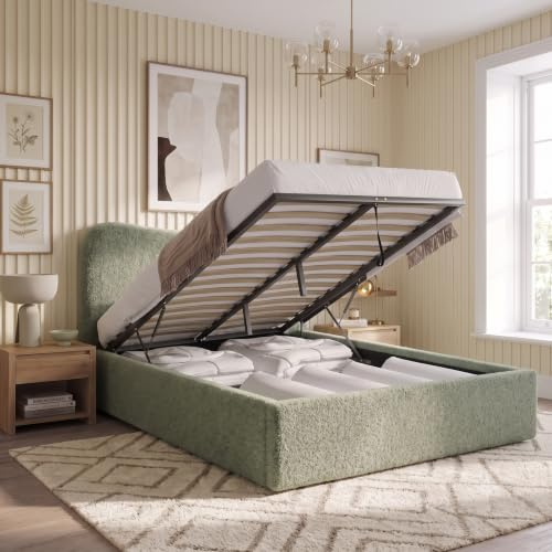 Blisswood Ottoman Bed Frame, Upholstered Large Storage Bed with Curved Headboard, Gas Lift-Up Ottoman Bed for Bedroom or Guest Room (Light Green (Double Bed Curved), Ottoman Bed)