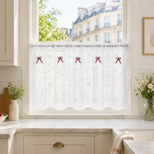Yujiao Mao Voilage, Feuilles Brodées, Blanc, 1 Panneau, LxH 140x200cm | Voilage transparent avec nœuds décoratifs, pour salon, salle à manger et fenêtre