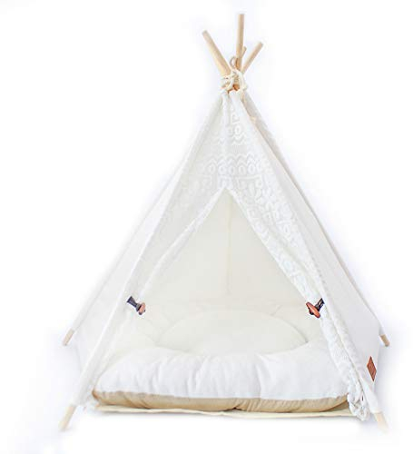 Little Dove Hunde Tipi Zelt Hause und Zelt mit Spitze für Hund oder Haustier, abnehmbar und waschbar mit Matraze weiss(S)