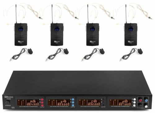 Power Dynamics PD504B UHF Set de Micrófonos inalámbricos. El Pack Incluye: un Receptor, 4 petacas emisoras, 4 bodypacks, 4 micrófonos de Diadema Color Beige y 4 micrófonos de Solapa