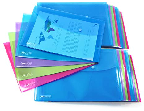 Rapesco 1494 ECO Recycelte Dokumentenmappe mit Druckknopf, A4+, Sortierte Transparente Farben, 20 Stück