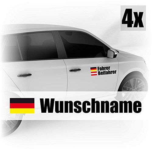 Fahrer & Beifahrer Namensaufkleber mit Flagge – Text geplottet (freistehend, konturgeschnitten) + Flagge gedruckt (transparent) – 4er Set – individuell, wasserfest & UV-beständig – Rallye/Motorsport