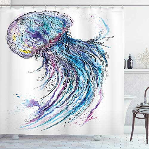 ABAKUHAUS Qualle Duschvorhang, Aqua Farben Kreative, Stoffliches Gewebe Badezimmerdekorationsset mit Haken, 175 x 180 cm, Weiß Blau Lila